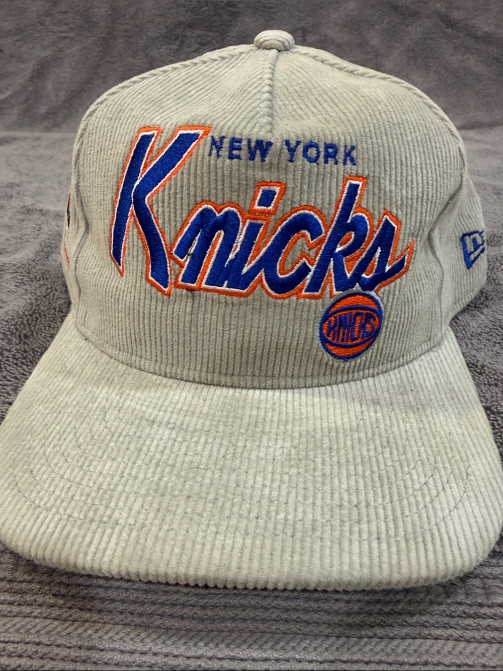 New Era Cream Corduroy New York Knicks Hat with Blue & Orange Script